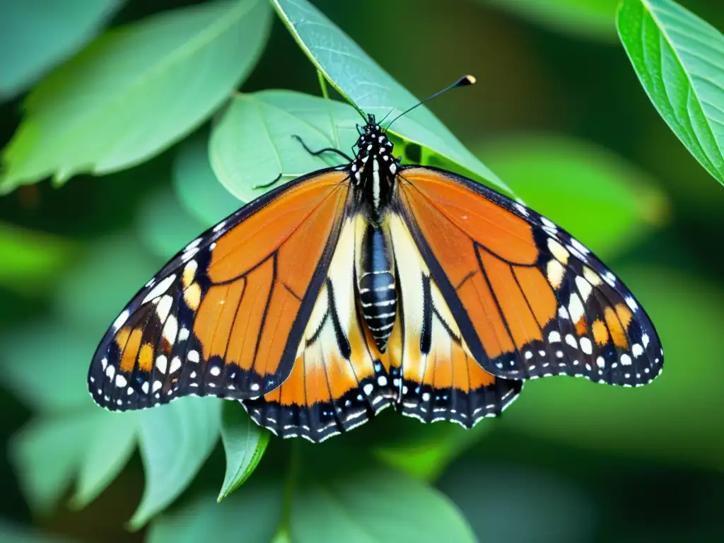 Mariposa monarca emergiendo de su crisálida con alas naranjas y negras desplegándose entre exuberante follaje verde