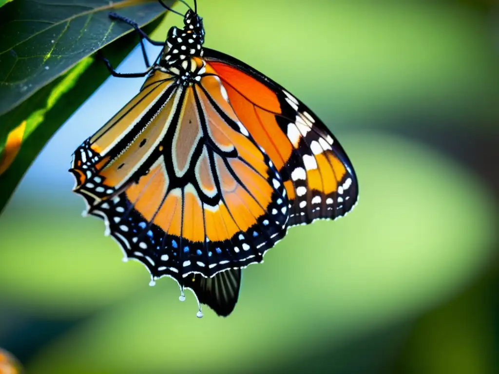 Mariposa monarca emergiendo de su crisálida, desplegando sus alas naranjas y negras