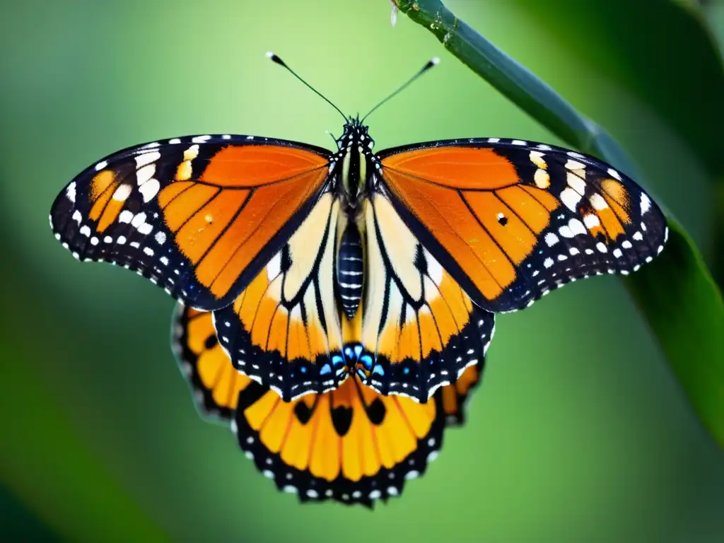 Mariposa monarca emergiendo de su crisálida, desplegando sus alas por primera vez