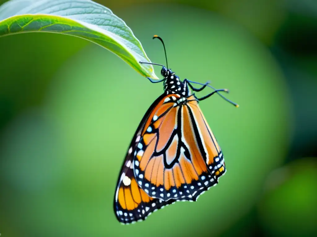 Mariposa monarca emergiendo de su crisálida, desplegando sus alas vibrantes