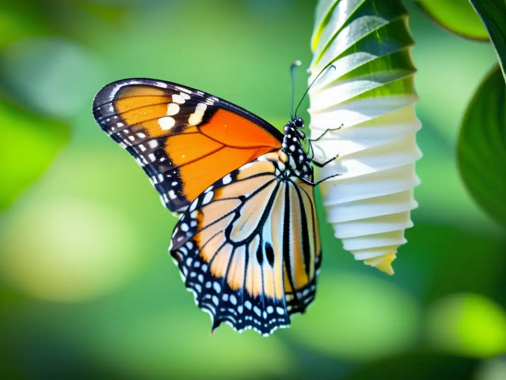 Mariposa Monarca emergiendo de su crisálida en cautividad, deslumbrantes colores y patrones de alas, transformación mágica en entorno natural