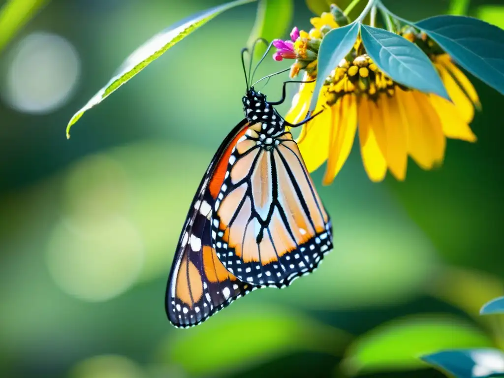 Mariposa monarca emergiendo de su crisálida, con colores vibrantes y detalles intrincados en sus alas y cuerpo