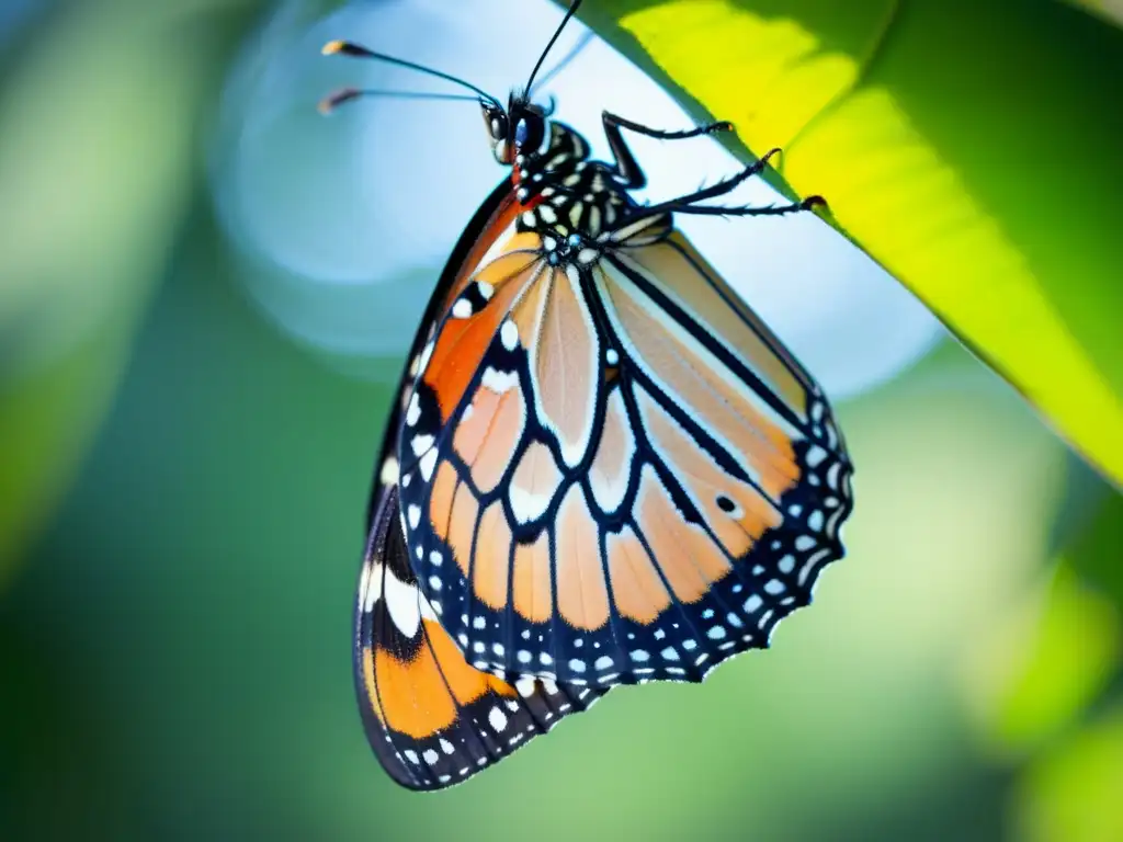 Mariposa monarca emergiendo de su crisálida con sus delicadas alas desplegándose, listas para su primer vuelo