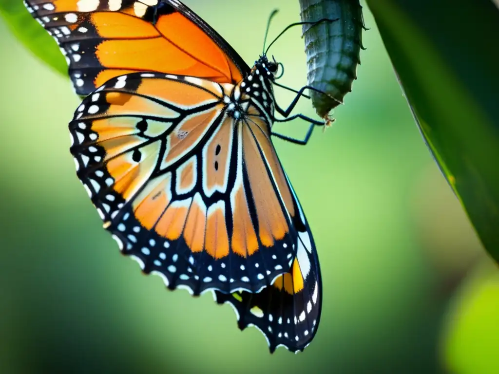 Mariposa monarca emergiendo de su crisálida con detalles vibrantes de sus alas, antenas y patrones