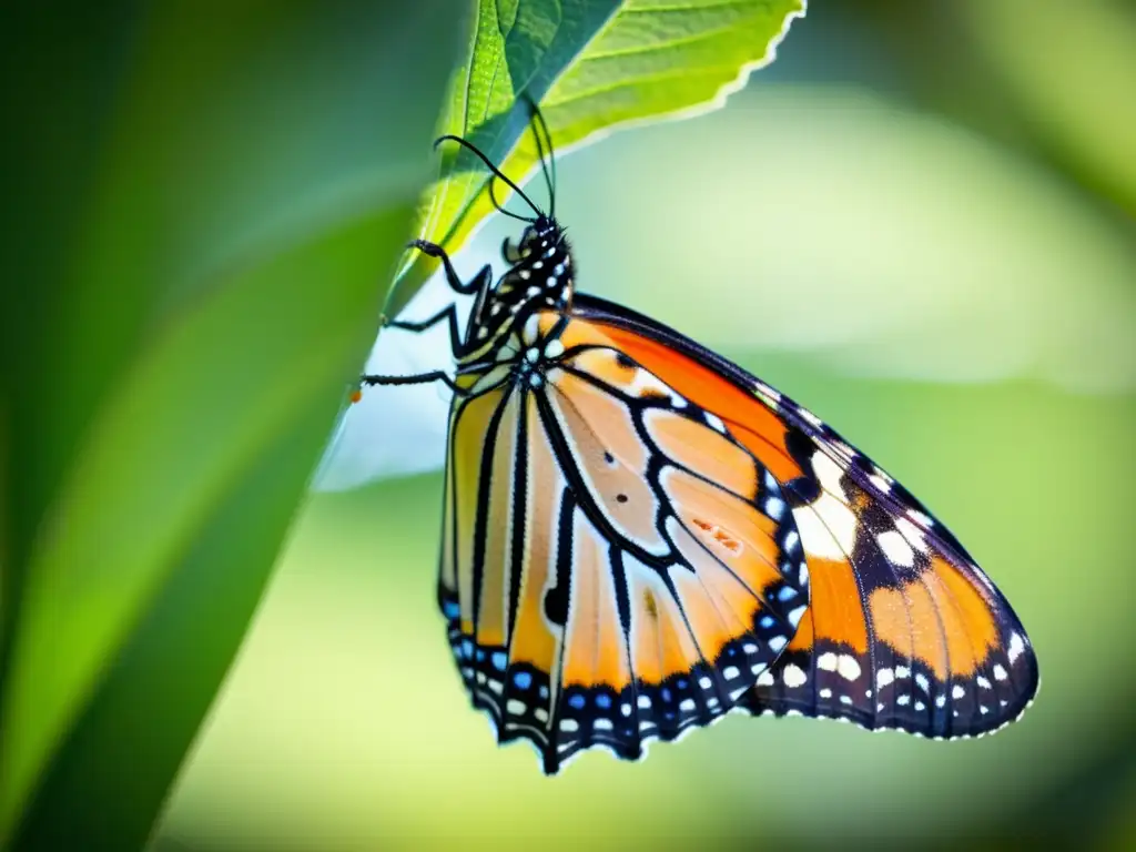 Mariposa monarca emergiendo de la crisálida, mostrando la metamorfosis de insectos en estaciones con detalle y belleza