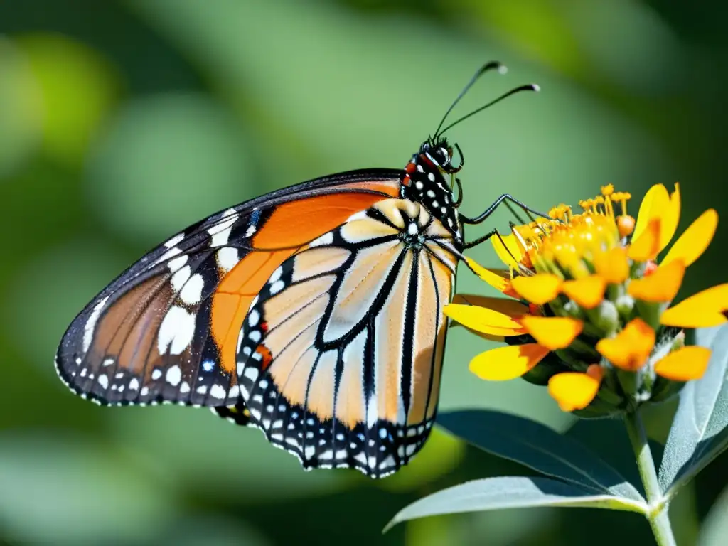 Mariposa monarca en detalle, desplegando sus alas ante una flor de algodoncillo