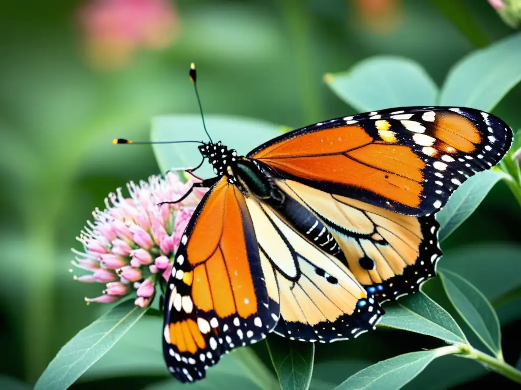 Mariposa monarca en flor de algodón, detalle vívido y delicado