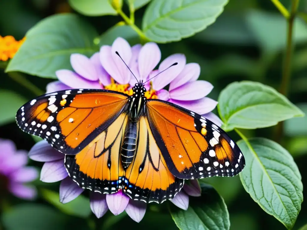 Monarca en flor morada, desplegando alas con patrones detallados