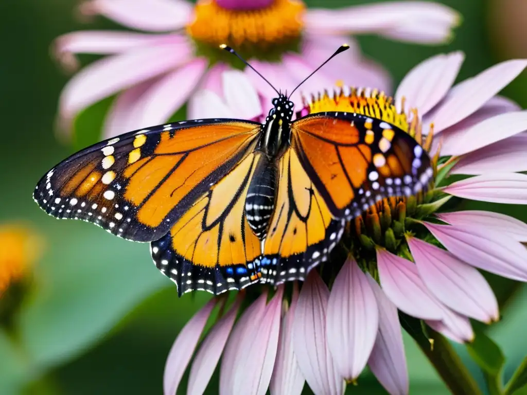 Monarca descansando en una flor púrpura, detallando sus alas y patrones