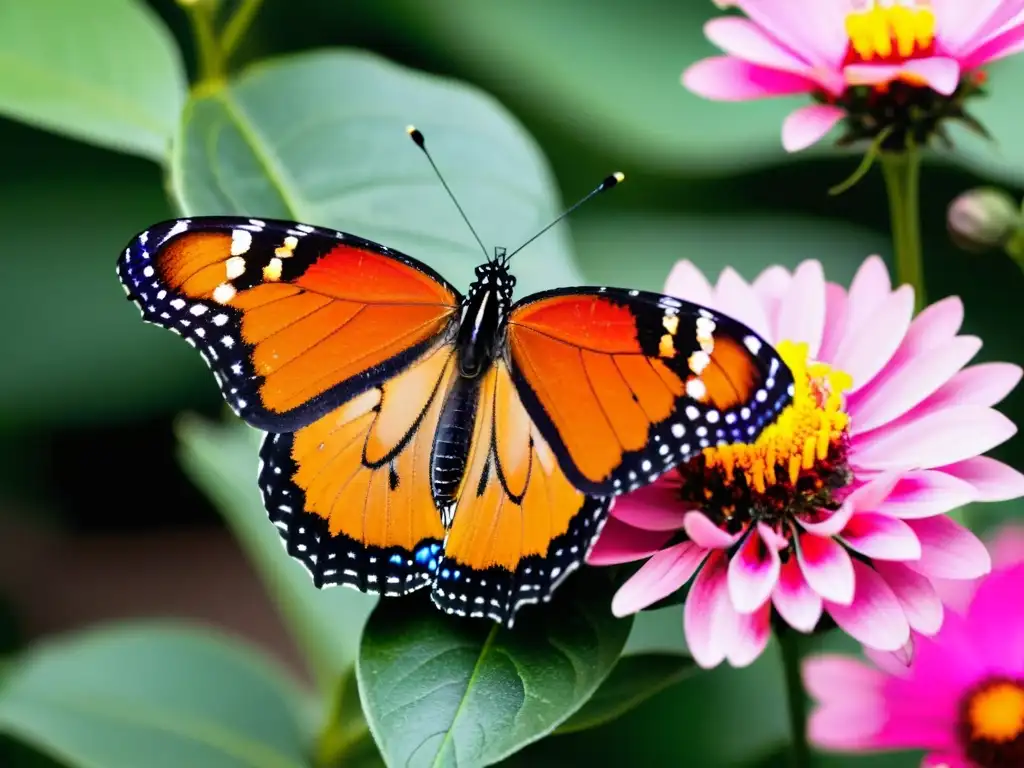 Monarca en flor: belleza vibrante y delicada Monarca negra y naranja sobre flor rosa, resaltando la importancia de los insectos en la regulación de plagas