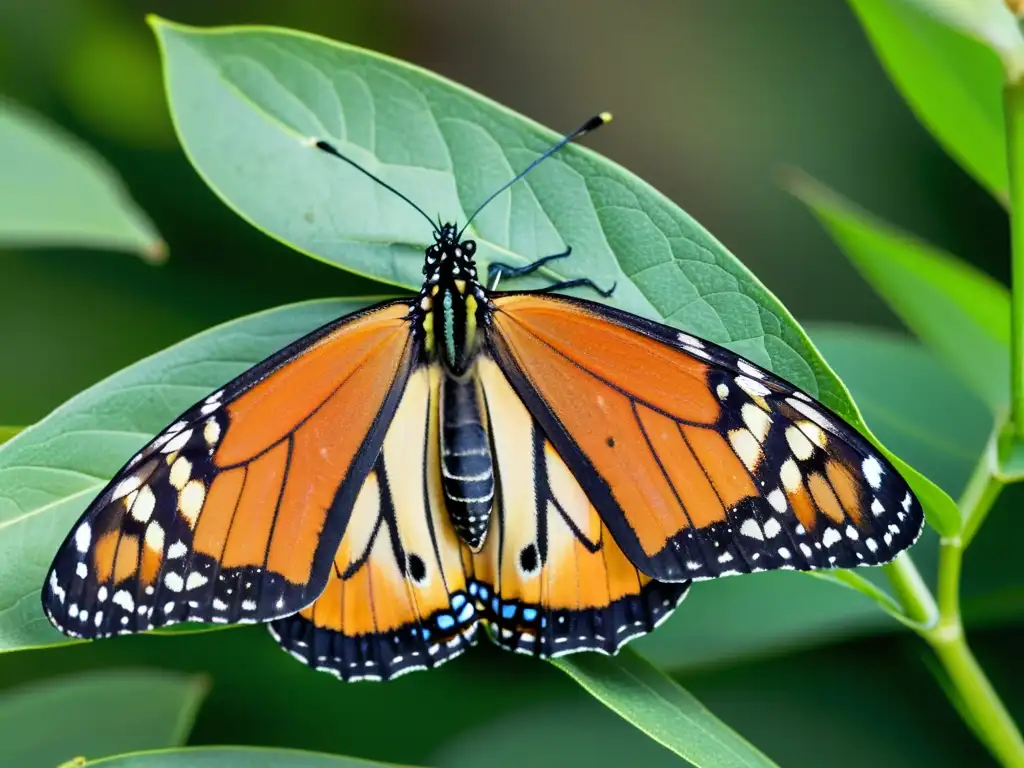 Mariposa monarca en planta de algodoncillo, resaltando impacto cultivos transgénicos biodiversidad