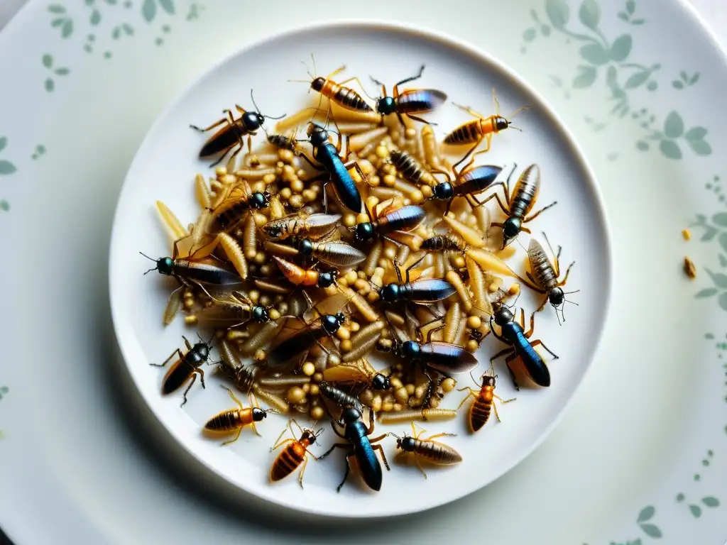 Montón de insectos comestibles en plato blanco sobre mesa de madera, iluminados por luz natural, promoviendo suplementos de insectos en nutrición