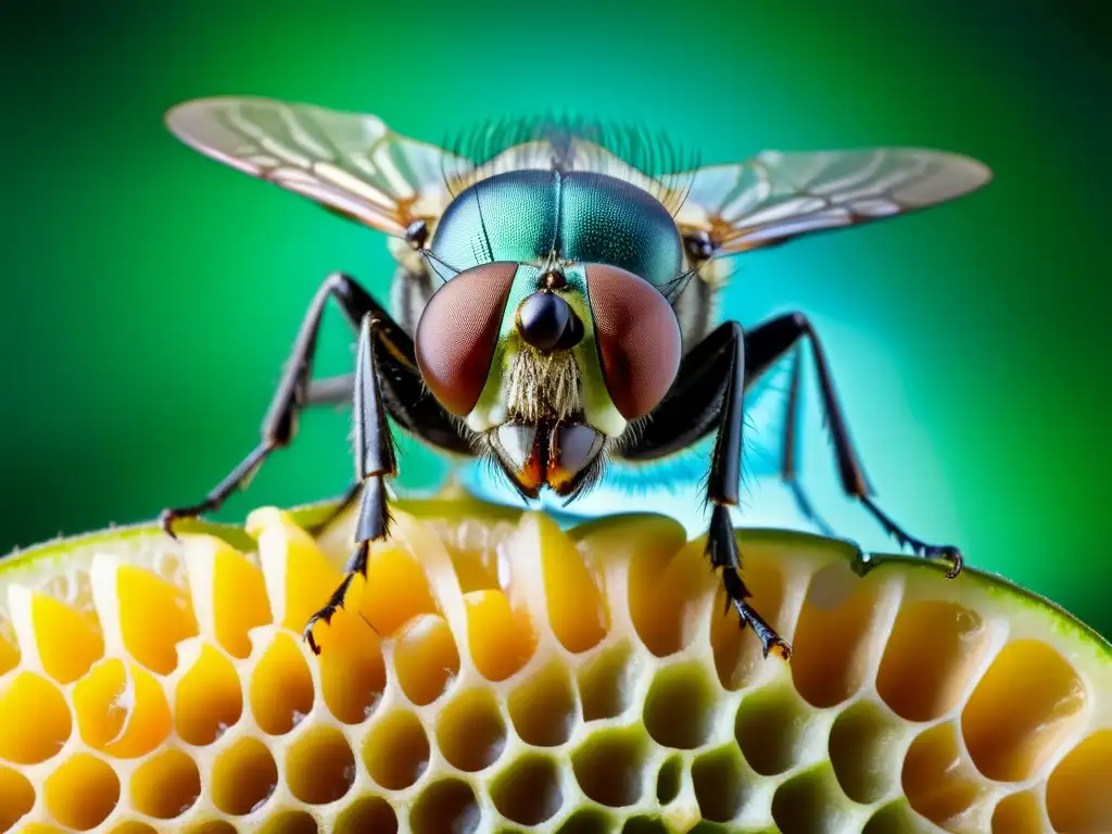 Una mosca posada en una fruta, sus alas translúcidas proyectan sombras delicadas