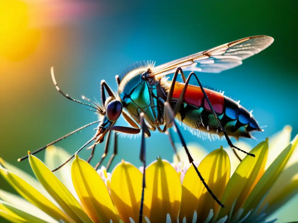 Un mosco transgénico revolotea sobre una flor, mostrando la fusión de naturaleza y tecnología en el mundo de los insectos transgénicos