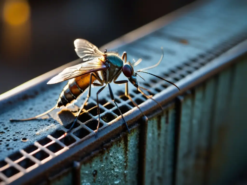 Un mosquito descansa en el borde de un desagüe oxidado en un callejón urbano