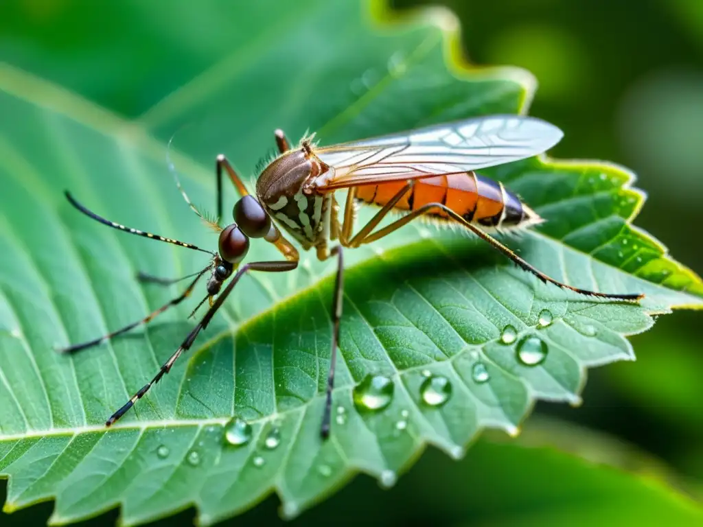 Un mosquito reposa en una hoja verde, sus alas delicadas y patas delgadas se distinguen