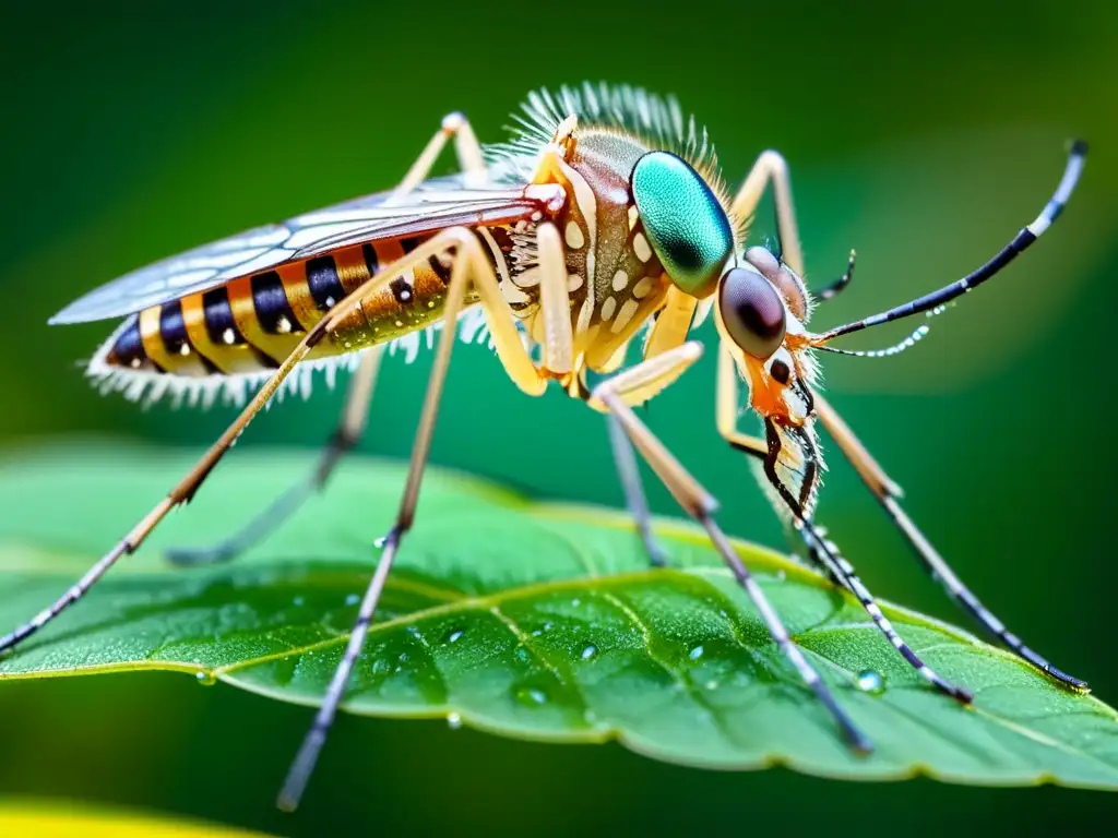 Un mosquito genéticamente modificado con alas iridiscentes descansa en una hoja con gotas de agua, mostrando avances en el control de plagas