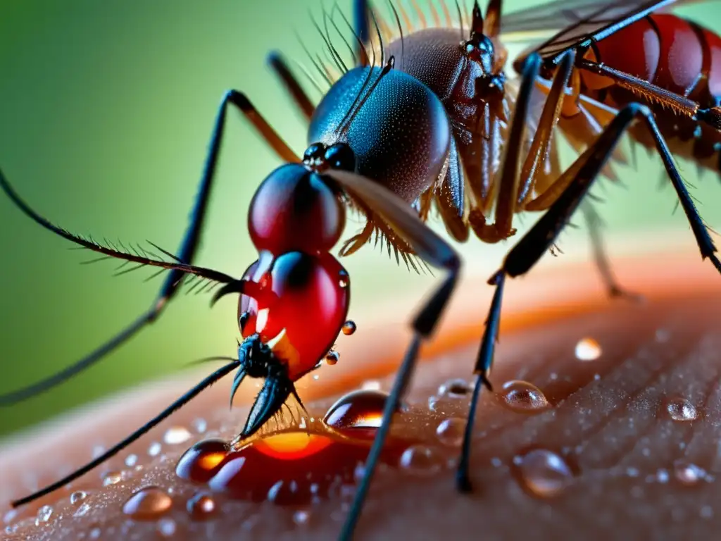 Un mosquito perfora la piel humana con su probóscide, mostrando gotas de sangre y el riesgo de enfermedades transmitidas por insectos tropicales