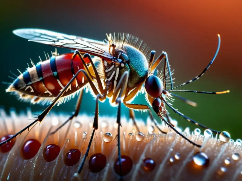 Un mosquito de cerca, con su probóscide penetrando la piel humana y gotas de sangre