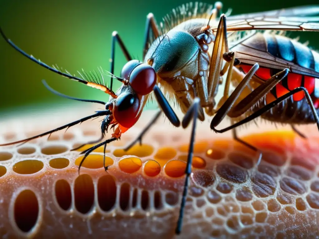 Mosquito alimentándose: detalle impresionante El mosquito se alimenta con su probóscide de la piel humana, mostrando el comportamiento de picadura de insectos en detalle asombroso