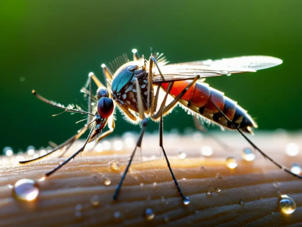 Un mosquito extrae sangre de un brazo humano, sus alas irisadas brillan al sol, mientras gotas de agua anterior relucen en la piel