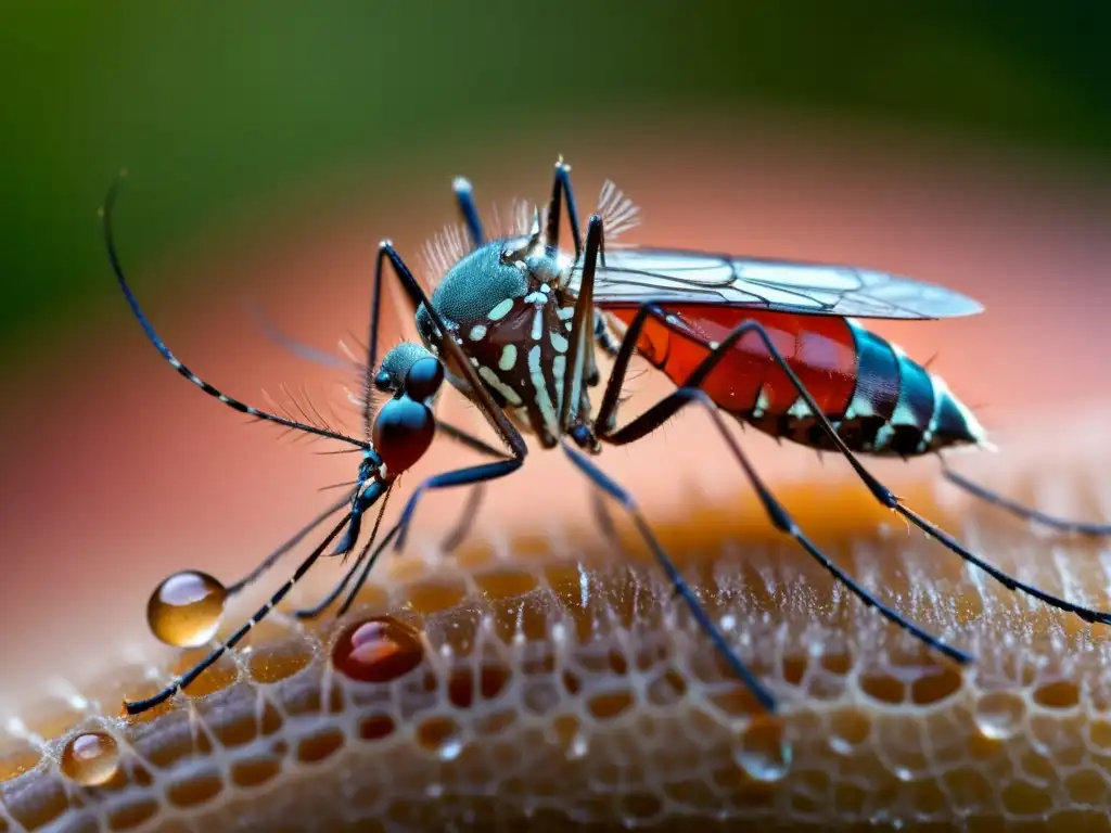 Un mosquito se alimenta de sangre humana, sus alas traslúcidas muestran patrones de venas