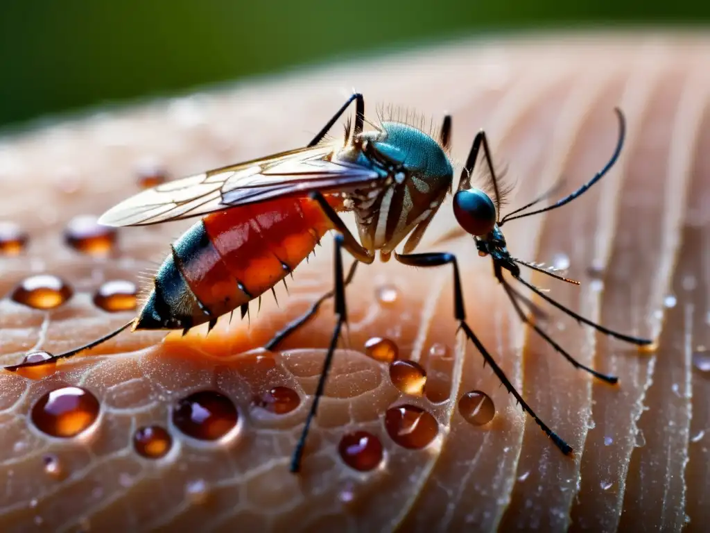 Un mosquito se alimenta de sangre humana, mostrando su probóscide en la piel