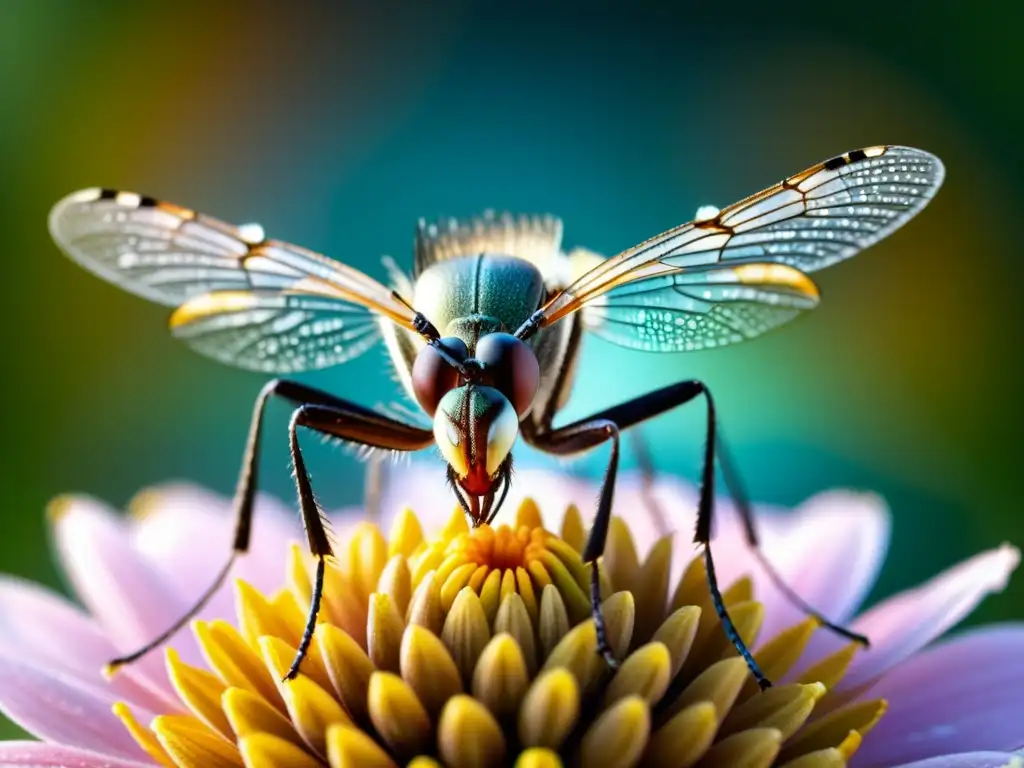 Un mosquito transgénico con alas metálicas sutilmente bebe néctar de una flor, en un jardín exuberante