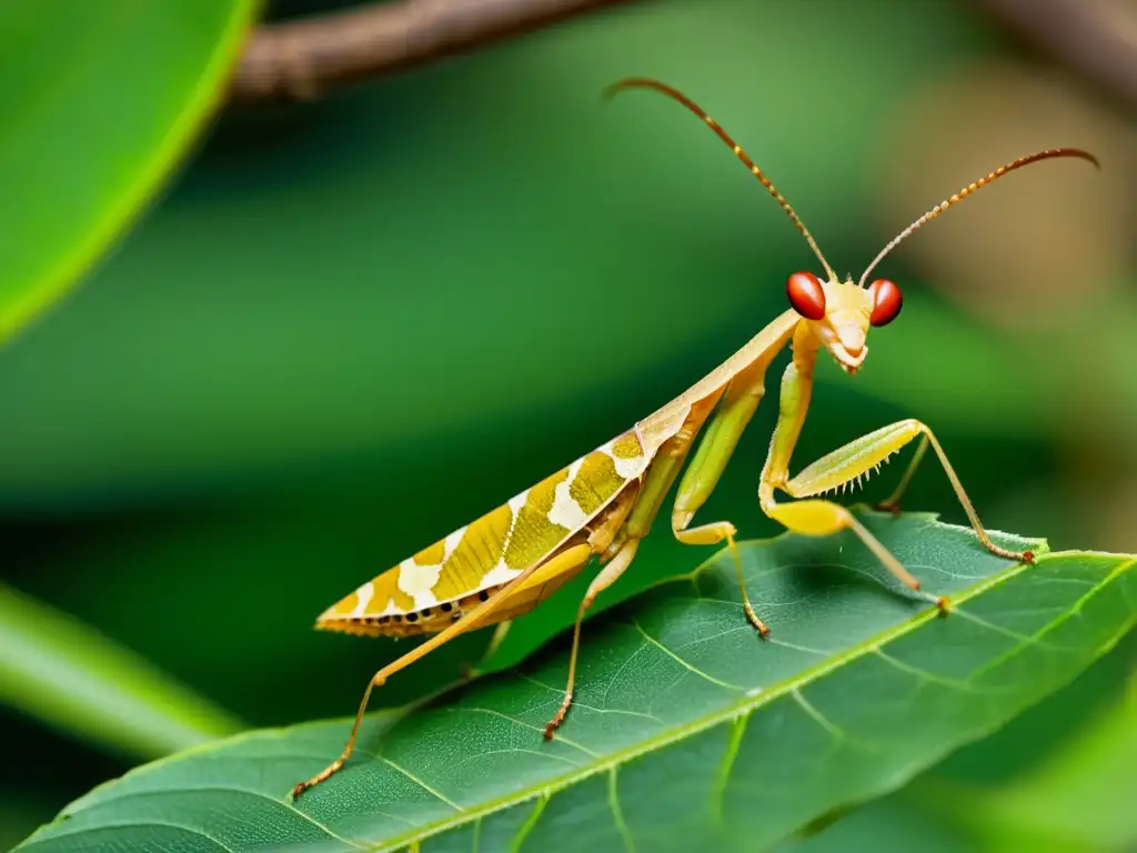 Mantis hoja muerta en rama, destacando su increíble mimetismo y camuflaje en insectos