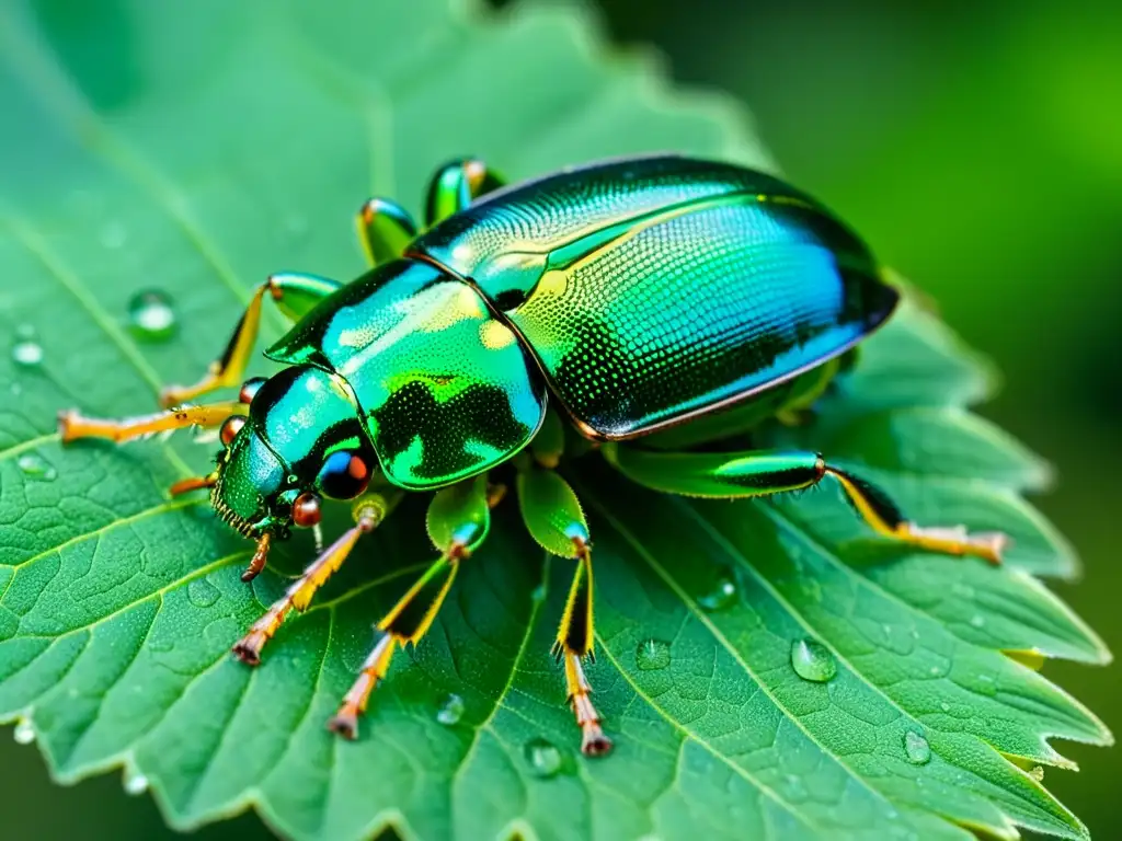 Una muestra educativa de insectos atractiva: detallada imagen de un vibrante escarabajo verde descansando en una hoja con gotas de rocío, en un entorno etéreo y exuberante