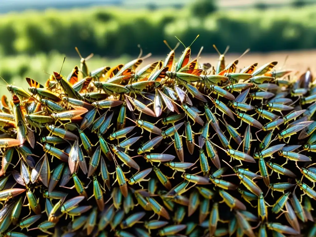 Una multitud de langostas cubre un campo, con detalles de sus exoesqueletos y alas traslúcidas