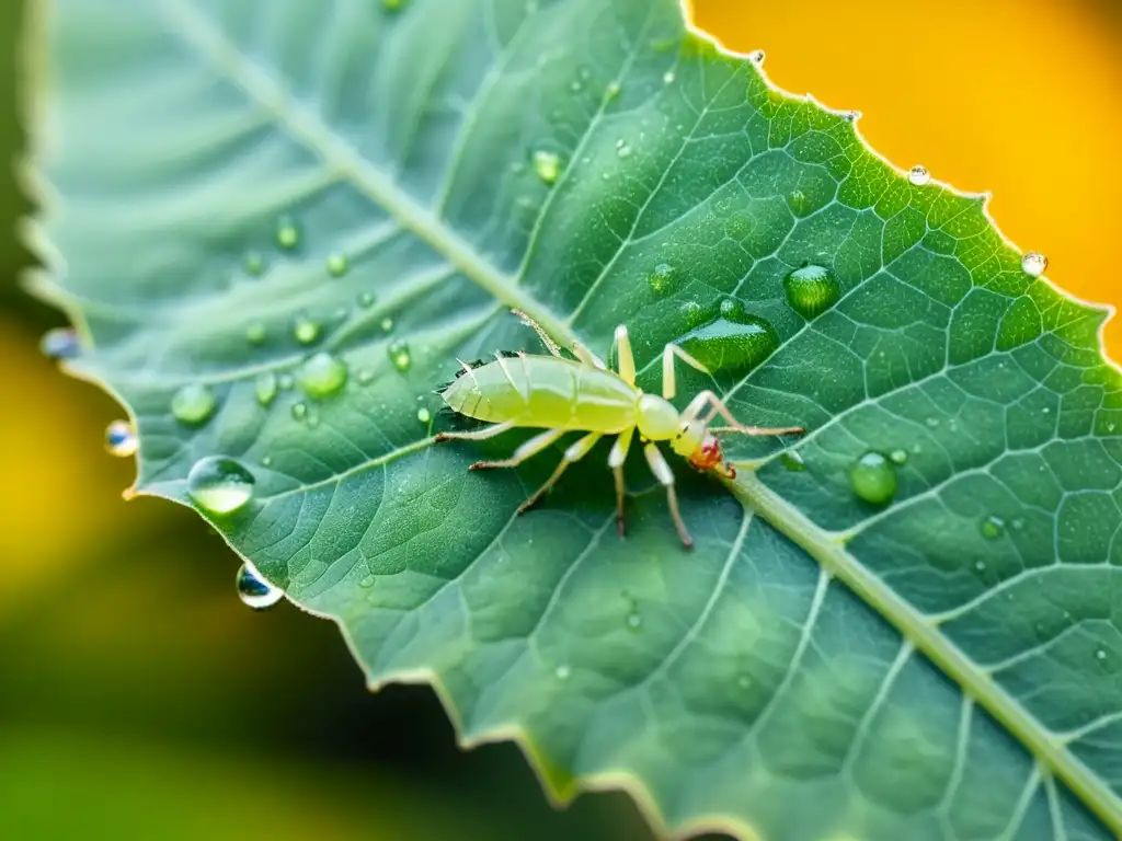 Un mundo diminuto se revela en esta imagen detallada de un grupo de pulgones en una hoja verde, iluminados por el cálido sol