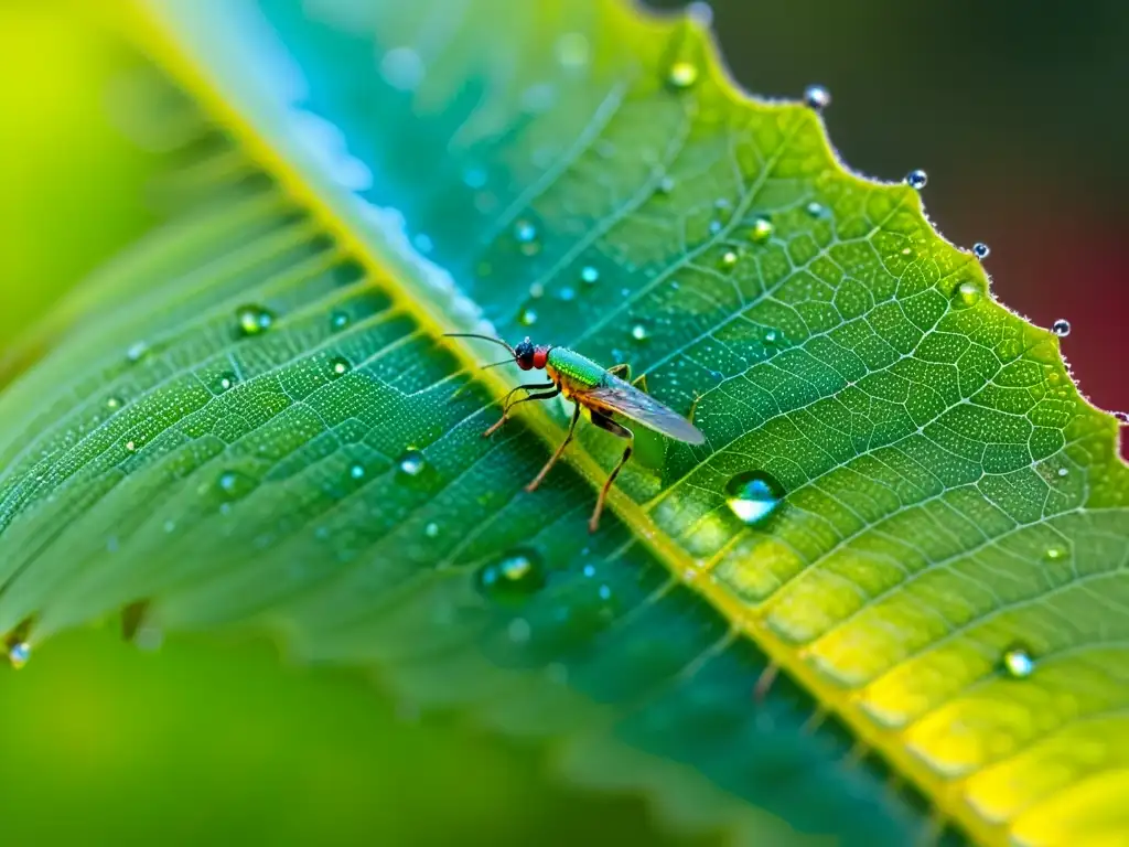 Un mundo diminuto de vida: una hoja verde vibrante cubierta de pequeños áfidos con alas translúcidas y antenas delgadas