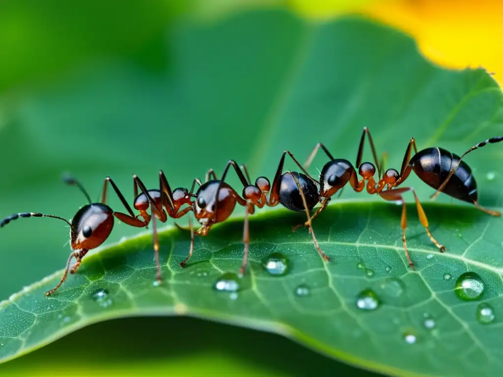 Un mundo fascinante de hormigas en una hoja con gotas de agua, mostrando su organización y detalle