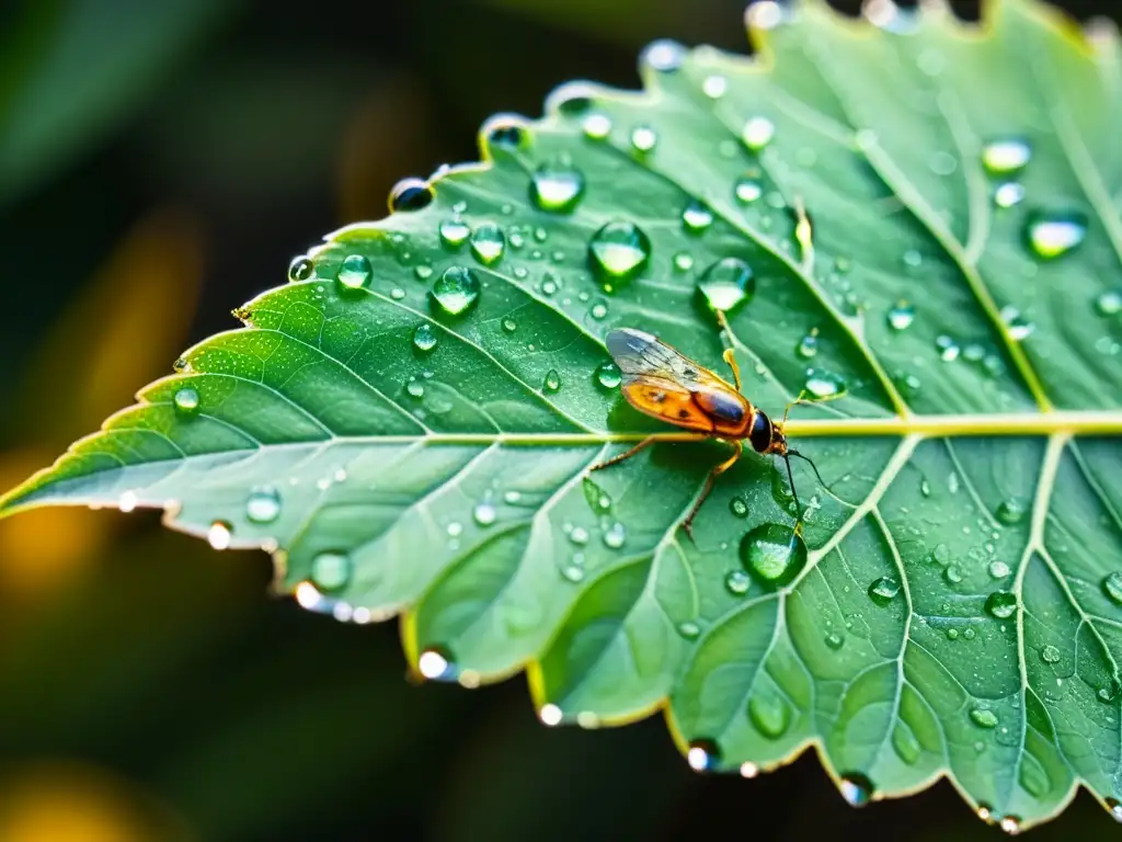 Un mundo mágico de insectos bailando en una hoja brillante