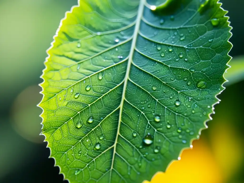 Un mundo microscópico de hojas y gotas de rocío, revelando la vida de insectos nativos en una hoja verde