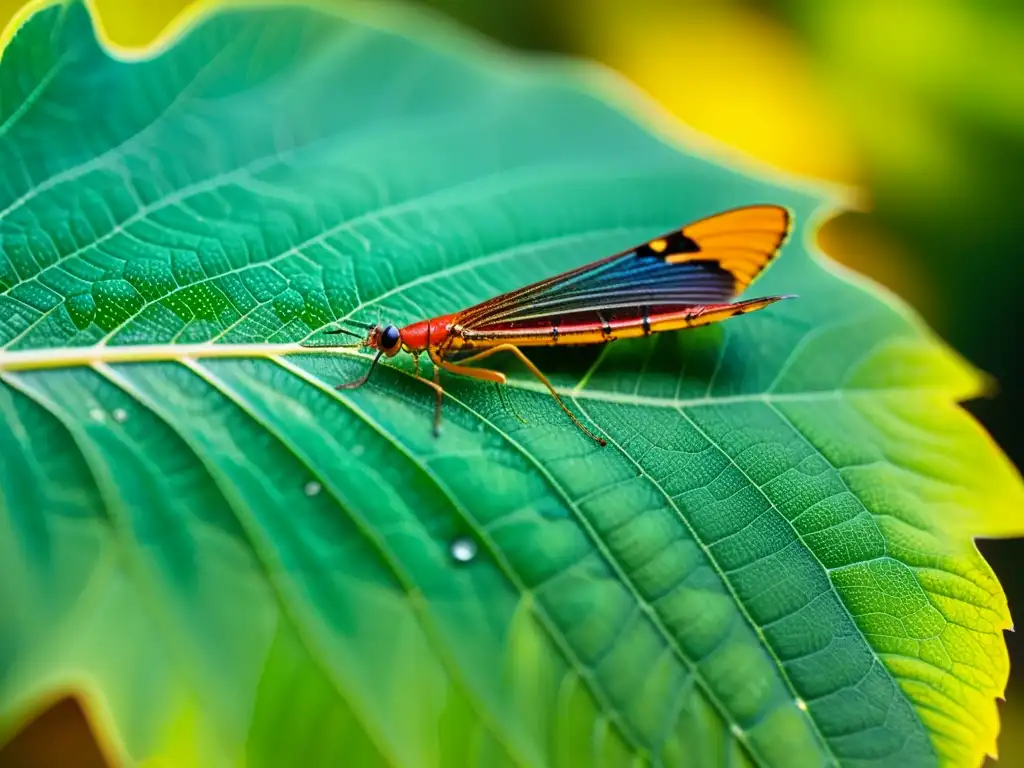 Un mundo microscópico de insectos en una hoja verde, resaltando la importancia de los insectos como bioindicadores en la naturaleza