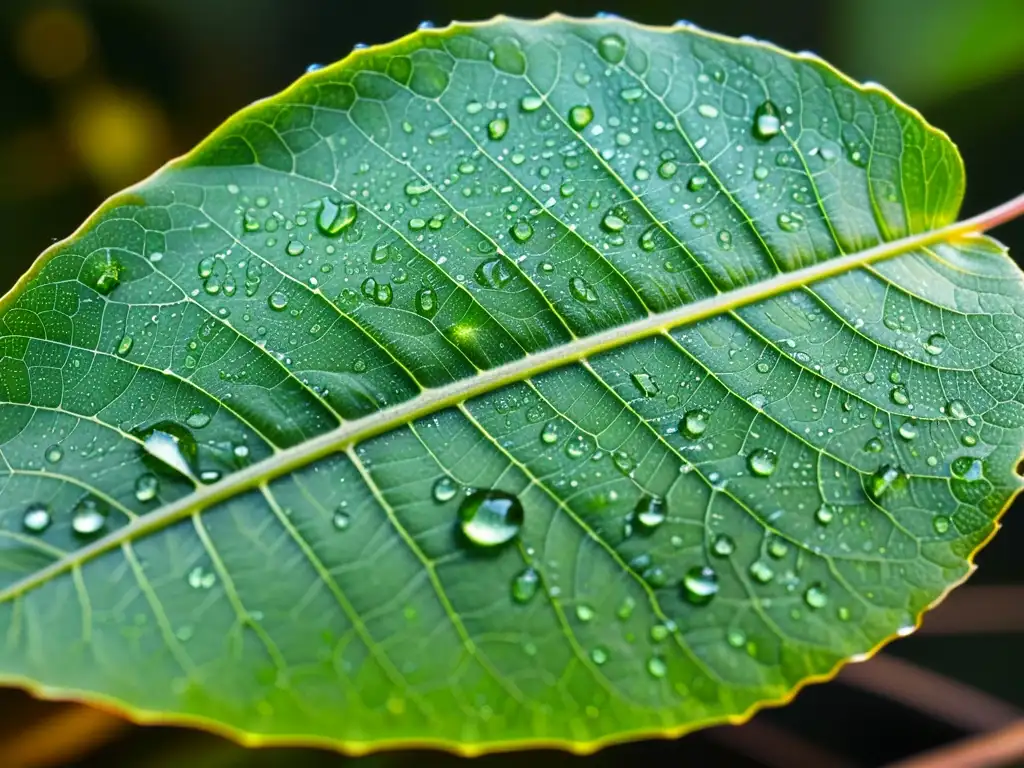 Un mundo microscópico rebosante de vida en una hoja verde, con insectos vibrantes y gotas de agua relucientes bajo la luz del sol