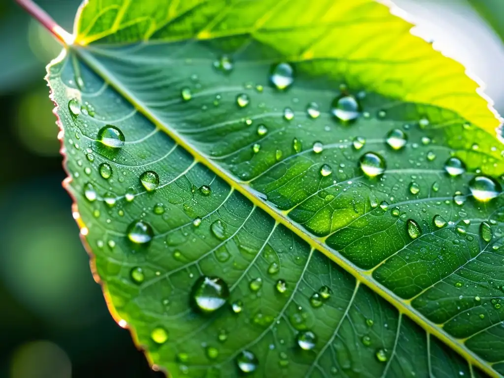 Un mundo en miniatura: una hoja verde brillante cubierta de gotas de agua, con un insecto reposando en el borde