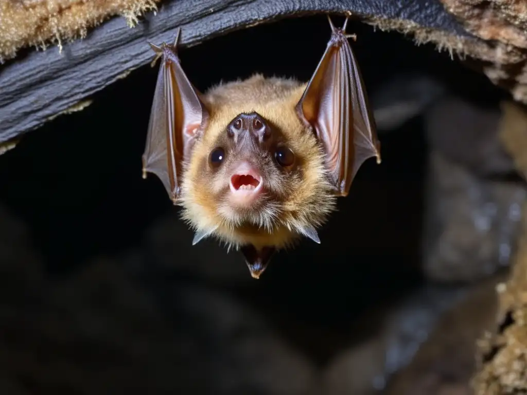 Un murciélago marrón cuelga boca abajo en una cueva oscura, con sus alas desplegadas