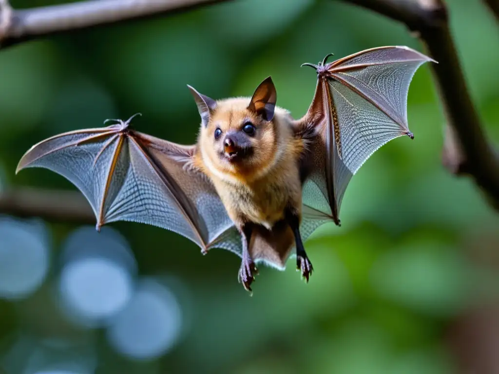 Un murciélago marrón en pleno vuelo, detallando sus alas y pelaje