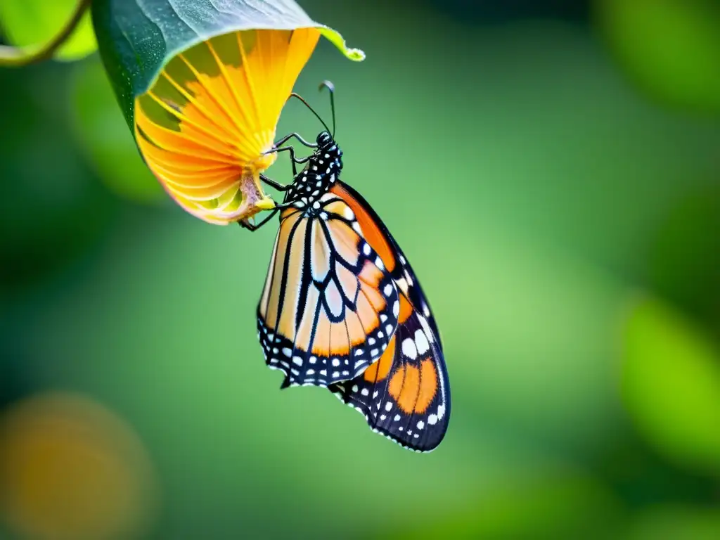 El nacimiento de una mariposa monarca en alta definición, desplegando sus alas naranjas y negras sobre un fondo verde translúcido