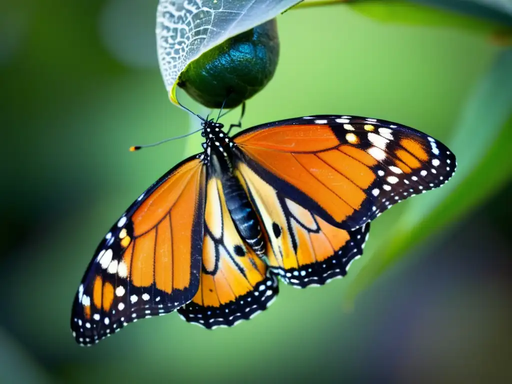 Emociónate con el nacimiento de una mariposa monarca en su crisálida, mostrando sus alas naranjas y negras desplegándose