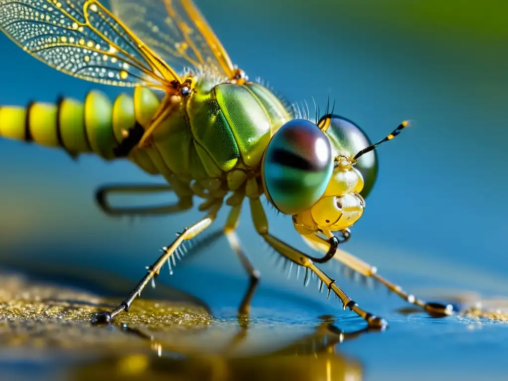 Una ninfa de libélula emerge del agua, mostrando su exoesqueleto transparente, delicadas branquias y patas poderosas en preparación para su transición evolutiva a la tierra