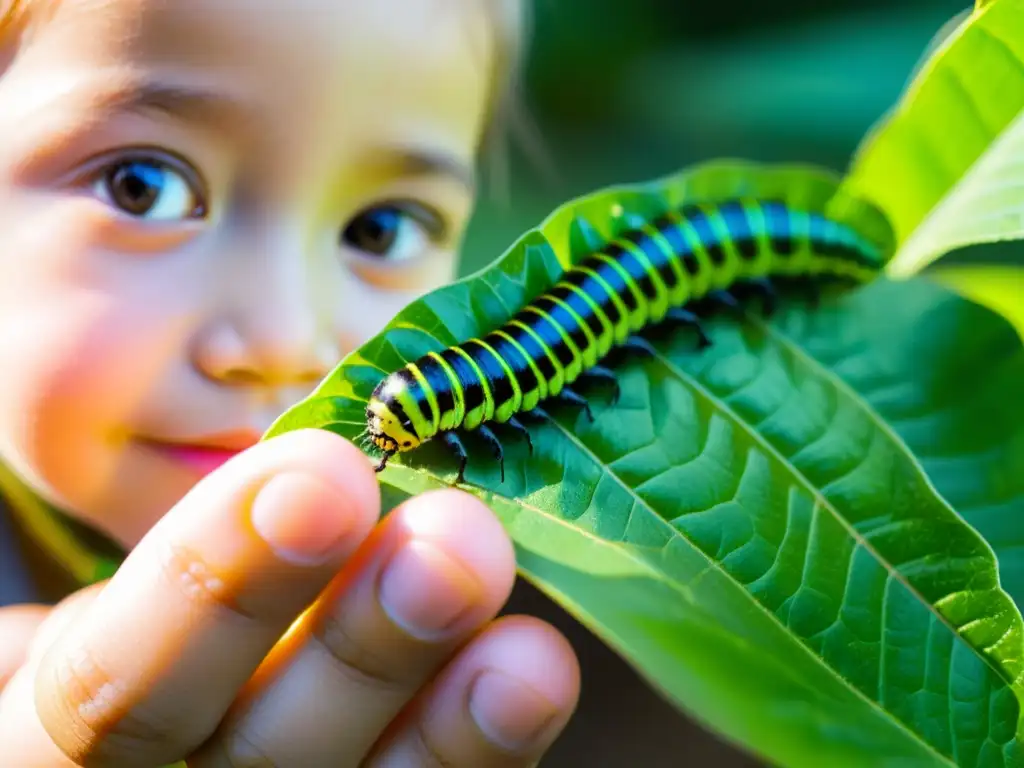 Un niño sostiene con cuidado una oruga en una hoja, observando con asombro