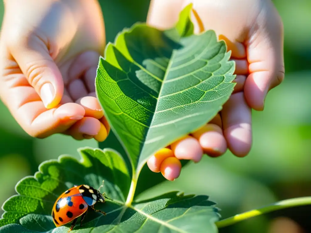 Niño sosteniendo una hoja verde mientras observa una mariquita