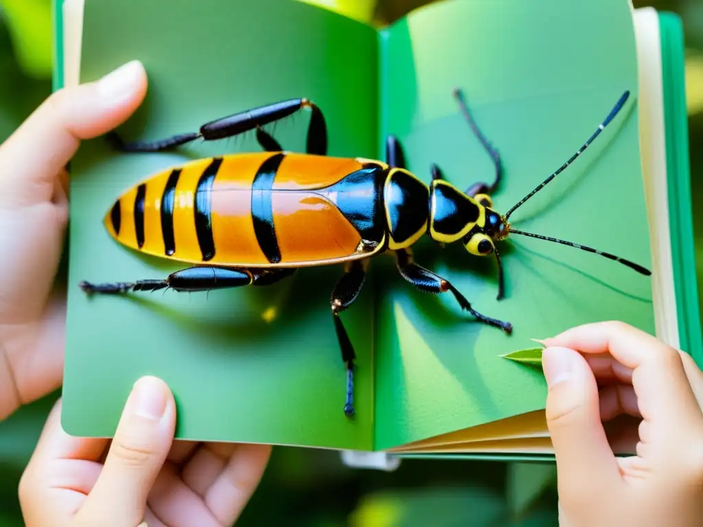 Un niño explorando un libro pop-up sobre entomofagia con ilustraciones de insectos comestibles