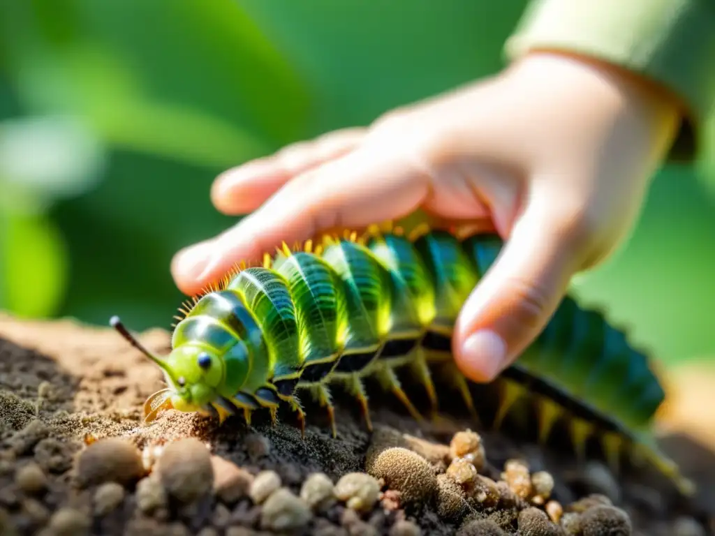 Un niño sostiene con ternura una oruga verde en su mano, explorando la naturaleza