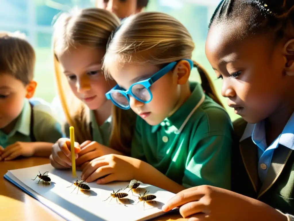 Niños observan insectos con lupa en un aula soleada