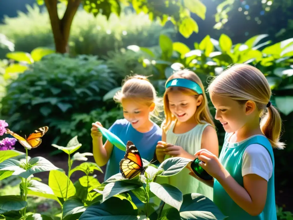 Niños explorando un jardín vibrante con lupa y redes de mariposas